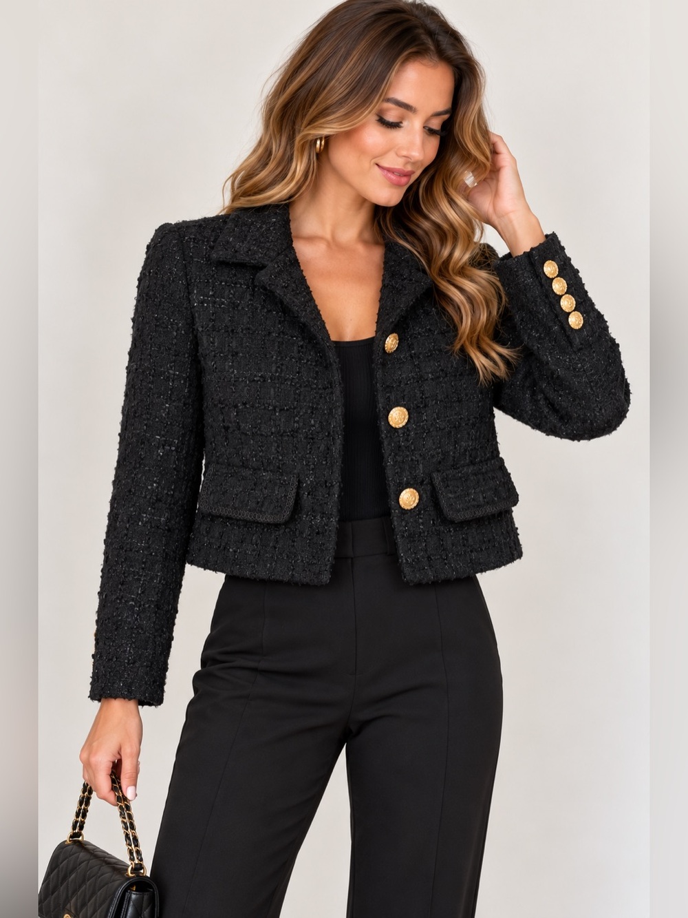 LANCY Black Cropped Bouclé Tweed Jacket Wool Blend Gold Buttons- Fits US S (4/6)
